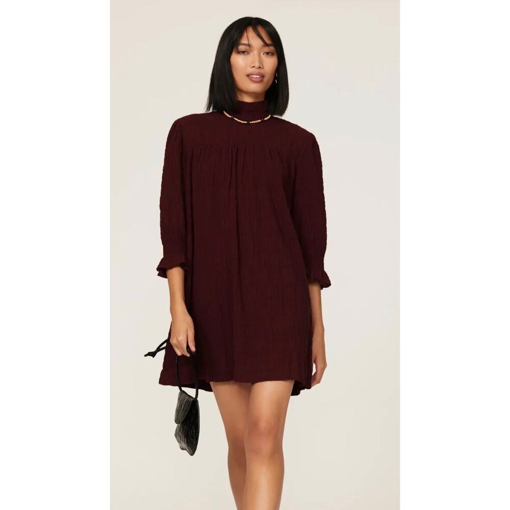 Ba&sh Devis Smocked Turtleneck Mini Dress in a bordeux or maroon color S
